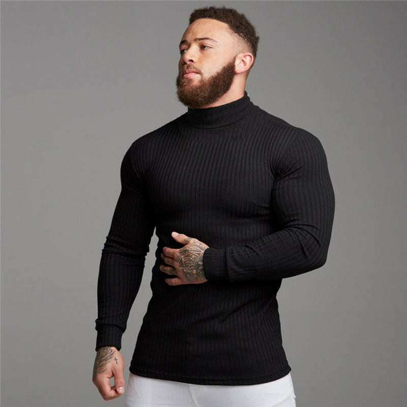 Men's Long Sleeve T-shirt Fitness High Collar Knitted Bottom Shirt - muscleflexzone