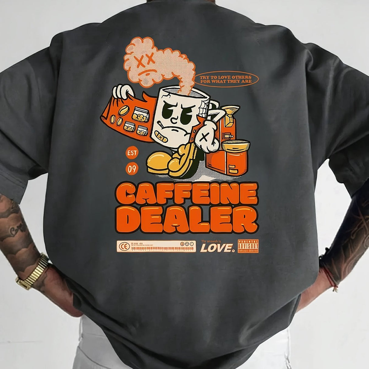 MFZ Men'S Casual Short Sleeve T-Shirt - "Caffeine Dealer" Cartoon Graphic - muscleflexzone