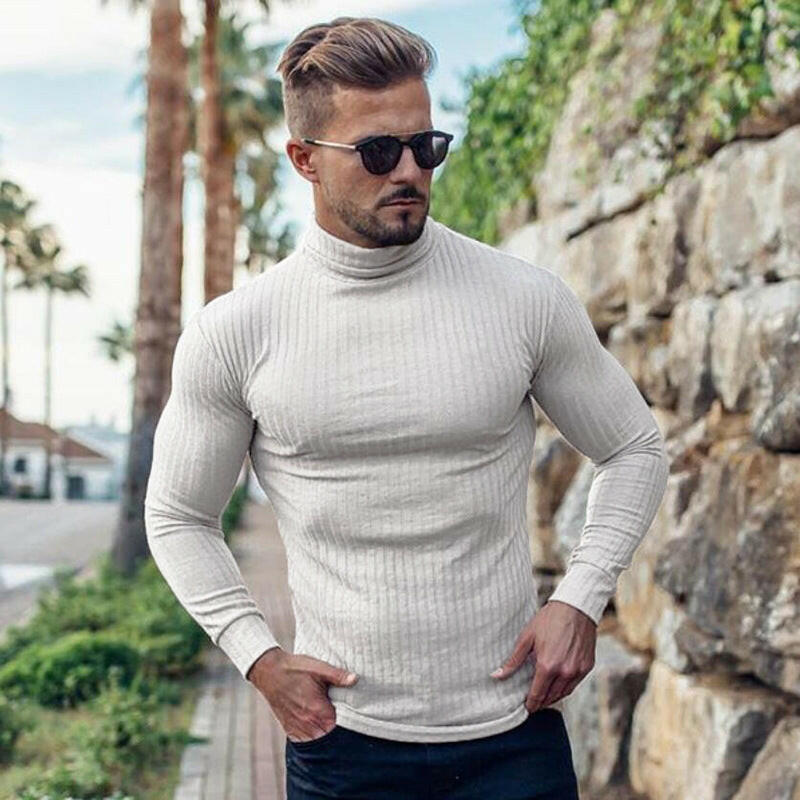 Men's Long Sleeve T-shirt Fitness High Collar Knitted Bottom Shirt - muscleflexzone
