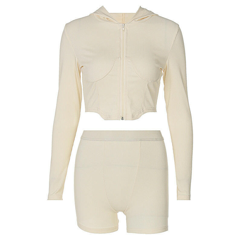 Two-piece Fashion Ladies Long-sleeved Top And Tight Shorts - muscleflexzone