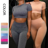 Sport Set Fitness Women Running Leggings Short Sleeve Tops - muscleflexzone