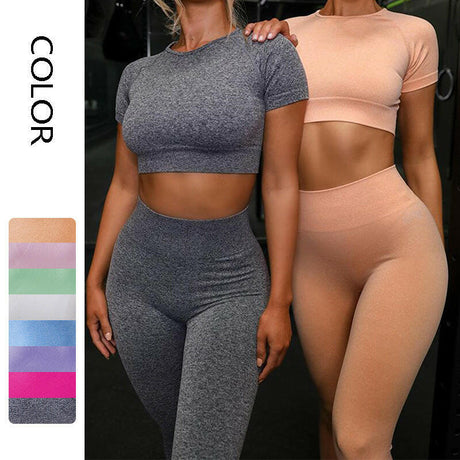 Sport Set Fitness Women Running Leggings Short Sleeve Tops - muscleflexzone