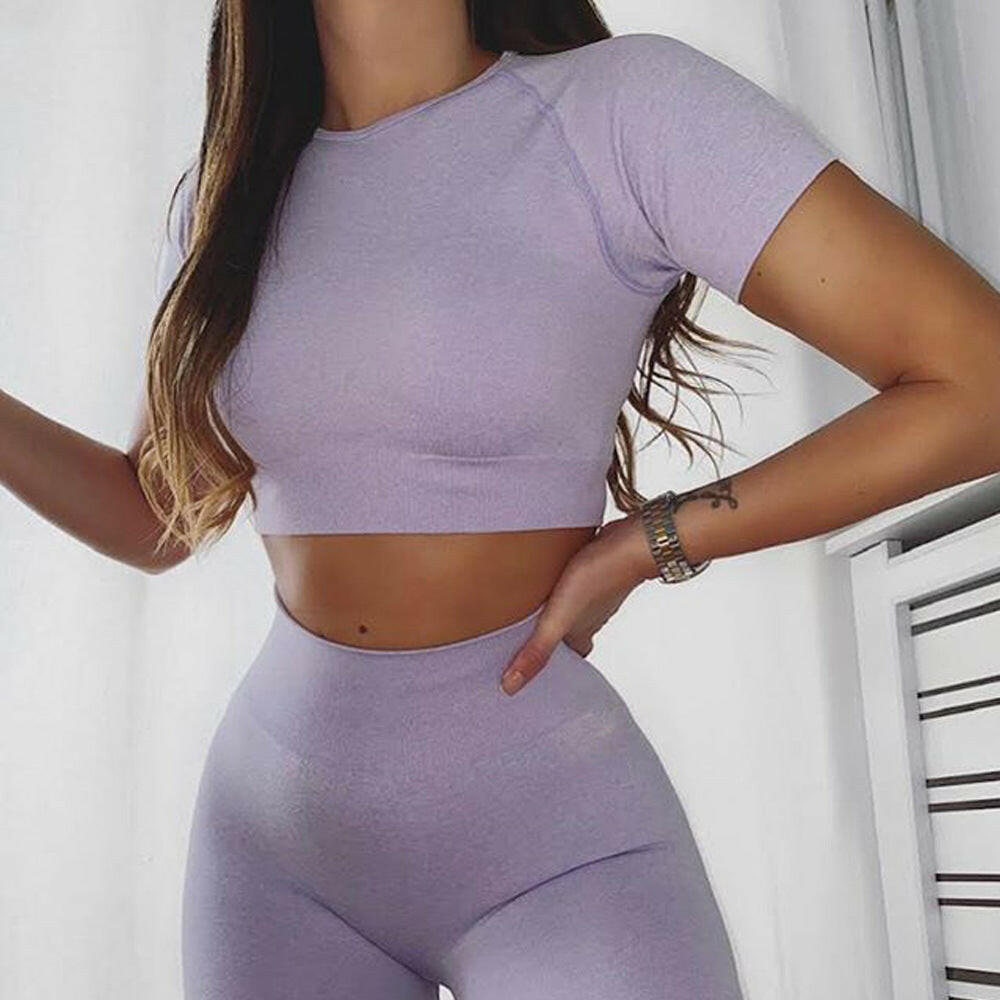 Sport Set Fitness Women Running Leggings Short Sleeve Tops - muscleflexzone