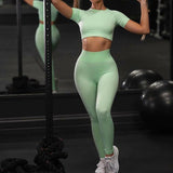 Sport Set Fitness Women Running Leggings Short Sleeve Tops - muscleflexzone