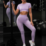 Sport Set Fitness Women Running Leggings Short Sleeve Tops - muscleflexzone
