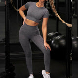 Sport Set Fitness Women Running Leggings Short Sleeve Tops - muscleflexzone