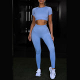 Sport Set Fitness Women Running Leggings Short Sleeve Tops - muscleflexzone