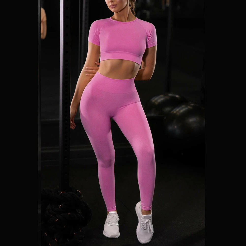 Sport Set Fitness Women Running Leggings Short Sleeve Tops - muscleflexzone