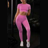 Sport Set Fitness Women Running Leggings Short Sleeve Tops - muscleflexzone