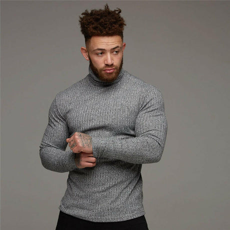 Men's Long Sleeve T-shirt Fitness High Collar Knitted Bottom Shirt - muscleflexzone