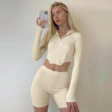 Two-piece Fashion Ladies Long-sleeved Top And Tight Shorts - muscleflexzone