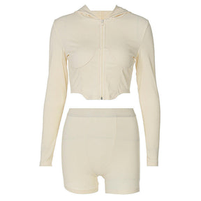 Two-piece Fashion Ladies Long-sleeved Top And Tight Shorts - muscleflexzone